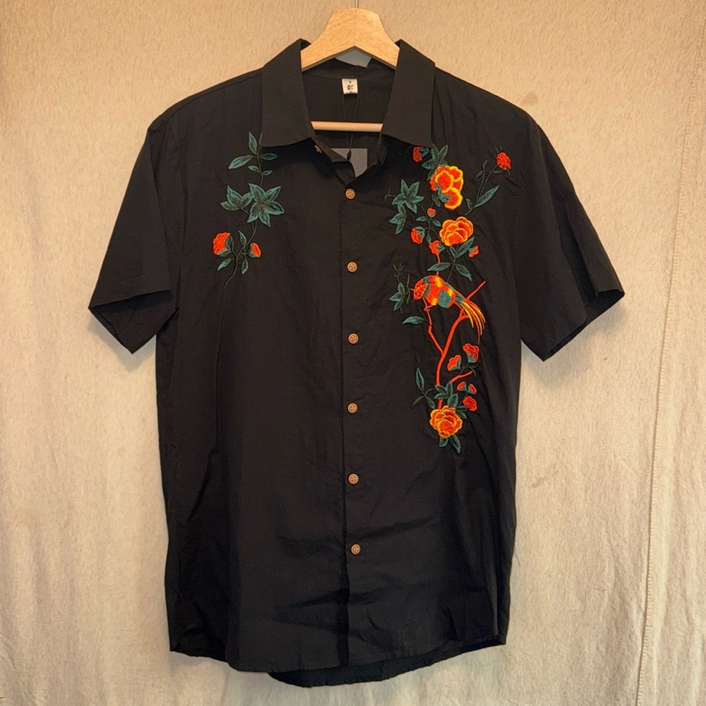 Black cotton linen shirt w/ embroidered birds